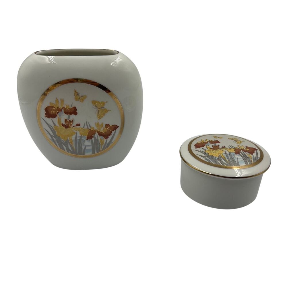 Vintage Chokin Iris Butterfly Fine China Porcelain Trinket Dish Vase Japan Made